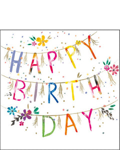 This birthday card features bright and colourful 'Happy Birthday' bunting surrounded by a scattering of polka dots and flowers.&nbsp;