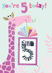Pink giraffe, with tattoo - 5th Birthday card
