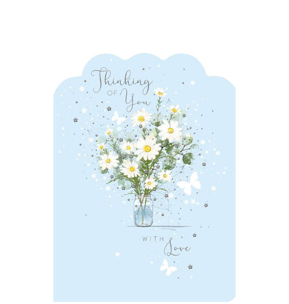 This beautiful thinking of you card is decorated with an illustration by Franny Lee of small white butterflies fluttering around a vase of white flowers. Silver text on the front of the card reads 