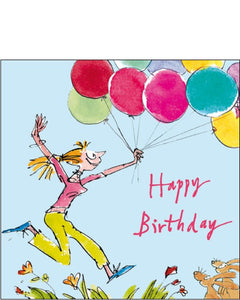 This birthday card has one of Quentin Blake's quirky female characters almost floating off with a large bunch of colourful balloons. She is being watched by a pair of happy looking rabbits! Red lettering on the front of this birthday card reads "Happy Birthday"