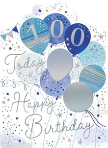 This 100th birthday card is decorated with blue and silver balloons and text. The text on the front of the card reads "100 Today...Happy Birthday"  The top edge of this card is scalloped. 