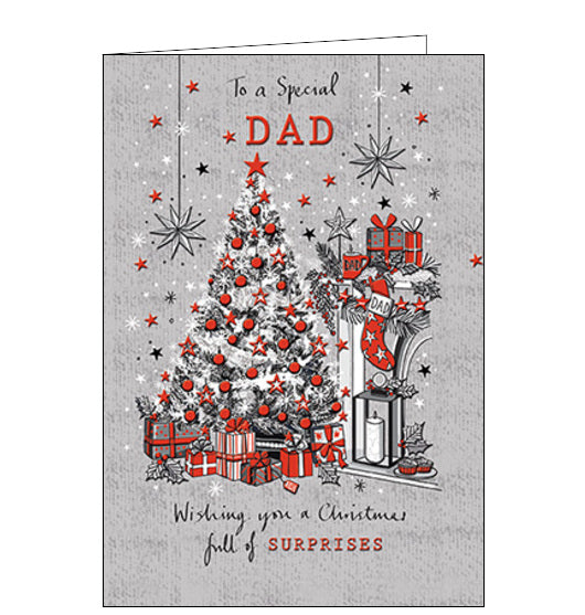 This stunning Christmas card for a special dad is decorated in shades of grey, while and metallic red, showing a scene of a christmas tree surrounded by gifts, ready for the big day. The caption on the front of the card reads 