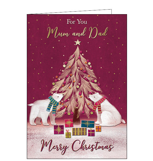  Thus stunning Christmas card for a special mum and dad is decorated with an illustration of a pair of cute polar bears, wearing knitted scarves, sitting beside a golden Christmas tree. The caption on the front of the card reads 