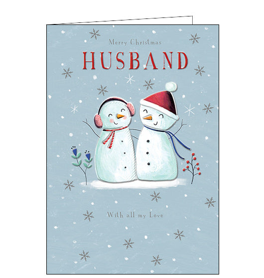 This Christmas card for a special Husband is decorated with an illustration of a jolly snow-couple, just happy to be together whatever the weather. The caption on the front of the card reads 