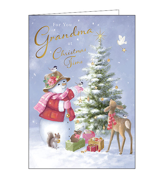 Send your grandma some Christmas cheer with this cute Christmas card featuring a delightful snowlady and her wild animal friends decorating a merry tree. Perfect for the animal lover in your life, this card is sure to bring a smile this holiday season.