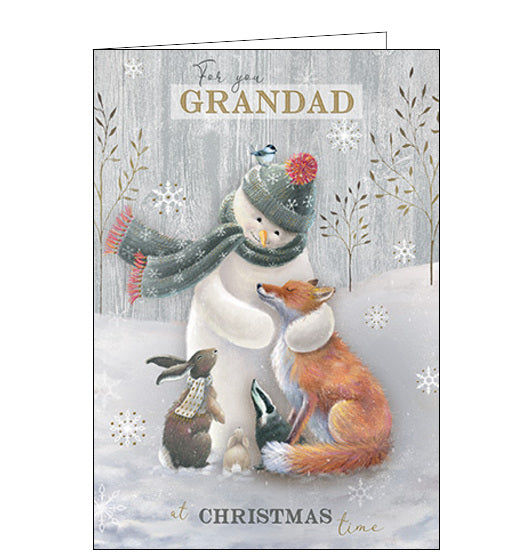 This lovely Christmas card for a special grandad is decorated with an illustration by Sarah Summers showing a snowman hugging a group of woodland animals. The caption on the front of the card reads 