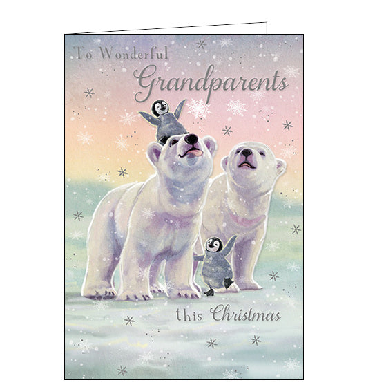 This festive Wonderful Grandparents Christmas card is   gorgeously and  delicately coloured and features two polar bears and young penguins with a shimmering background of silver snowflakes. Perfect for conveying your Christmas wishes to your grandparents!