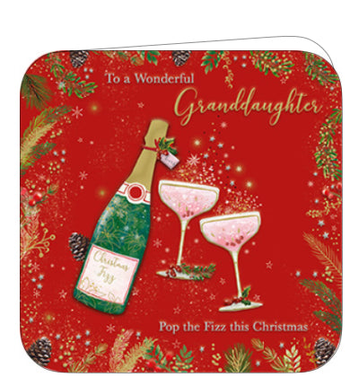 This wonderful Christmas card for your granddaughter features vibrant green and pink colors with festive decorations atop a beautiful red background. Perfect to show your love and appreciation for your bubbly, loving granddaughter. Text reads 