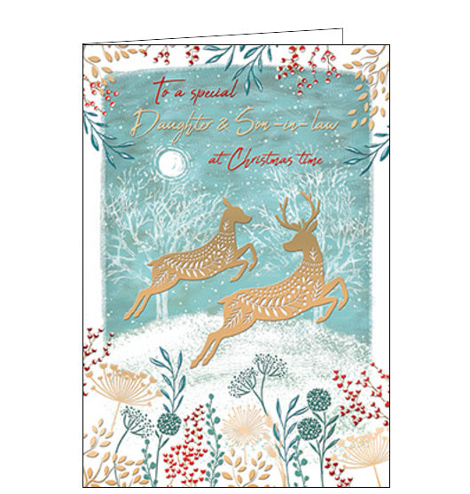 Send love to your daughter and son-in-law with this special Christmas card. Its elegant design features two gold deer bounding across a festive winter landscape, making it a beautiful way to let them know they're in your thoughts.