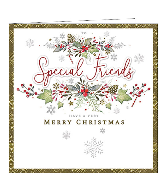 Send your Special Friends a card that stands out with this Luxury Embossed Christmas card featuring a garland of foliage above and below the decoupage 