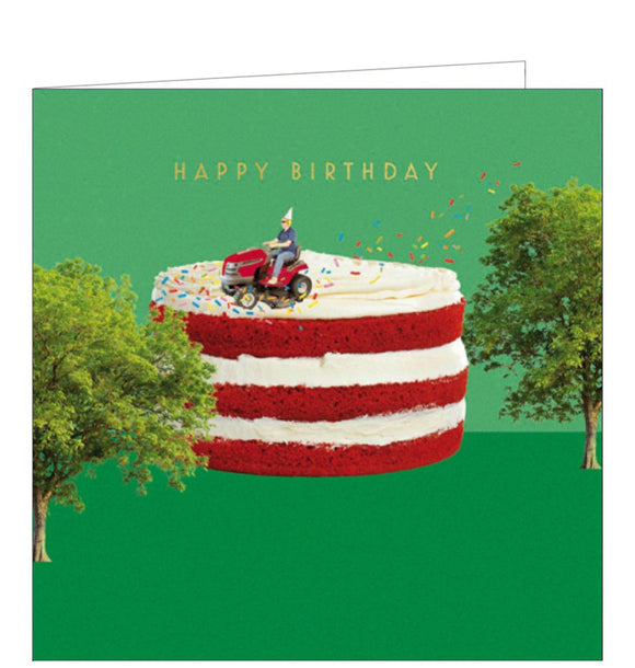 This unusual birthday card is decorated with a scene of a man, in a party hat, driving a lawnmower over the top of a giant birthday cake - and scattering sprinkles behind him. Gold text on the front of the card reads 