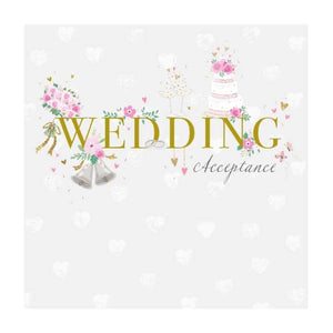 Ideal for full-days, or evening do's, this wedding acceptance card has a cake, flowers and bells surrounding gold text that reads "Wedding Acceptance".