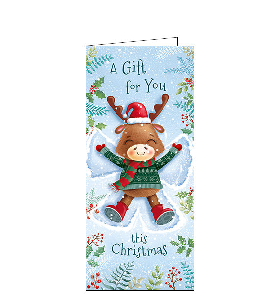 Perfect for sending cash, cheques or gift vouchers this cute festive money wallet is decorated with an illustration by Rob Parkinson showing a reindeer - dressed in santa hat, woolly jumper and boots - making a snow angel. The caption on the front of the card reads 