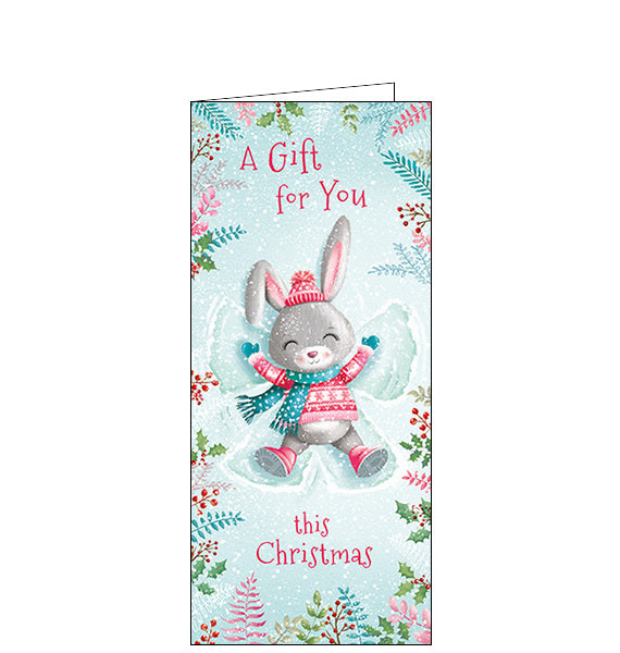 Perfect for sending cash, cheques or gift vouchers this cute festive money wallet is decorated with an illustration by Robin Parkinson of a cute bunny rabbit, dressed in a pink woolly hat, jumper and boots, making a snow angel. The caption on the front of the card reads 