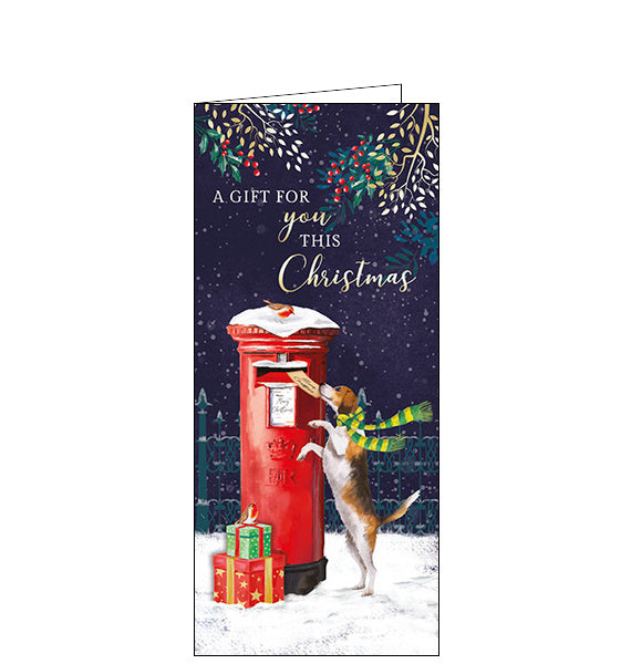 Perfect for sending cash, cheques or gift vouchers this cute festive money wallet is decorated with an illustration by Jane Sunner of a dog, dressed up for the snow in a stripy scarf - standing on its hind legs to post a card into a red postbox. The caption on the front of the card reads 