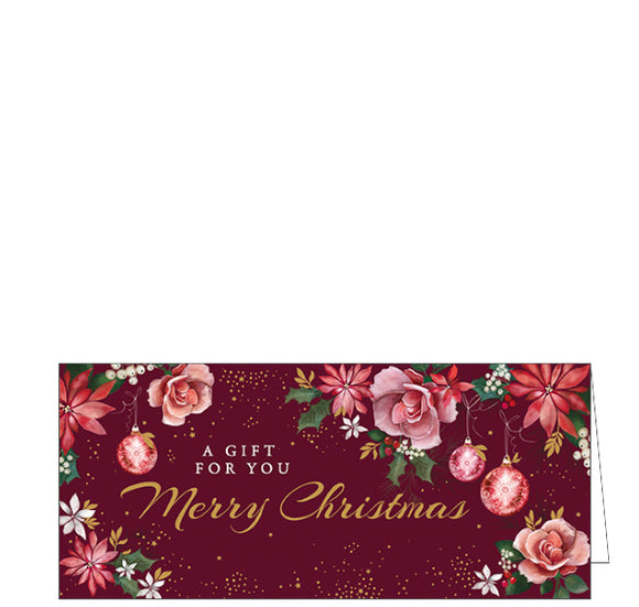 Perfect for sending cash, cheques or gift vouchers this elegant festive money wallet is decorated with pink roses, baubled and red poinsettia flowers creating a border around text that reads 