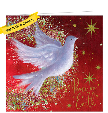 This pack of charity Christmas cards includes 8 cards of one design. The front of the cards feature detail from an artwork by Jo Pashley showing a dove, flying through a deep, red sky, leaving a trail of golden stars. The caption on the front of the cards reads 