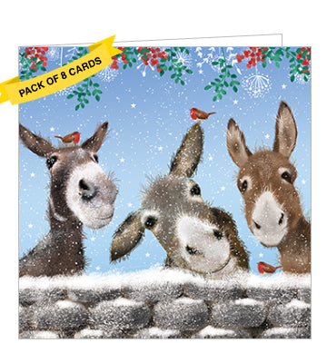 This pack of charity Christmas cards includes 8 cards of one design. The front of the cards feature detail from an artwork by Louise Cole showing three cute donkeys making friends with a trio of robins.