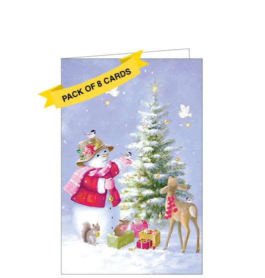 This pack of 8 charity Christmas cards includes one perfect card for children .or the young at heart. It features a cute snowlady with birds and wildlife decorating a festive tree. Perfect for giving and spreading holiday cheer!