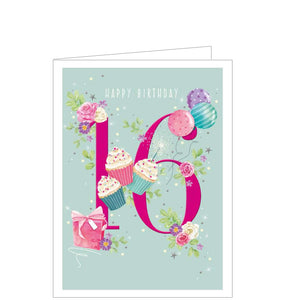 This stylish 16th birthday card features multi-colored balloons, flowers and cupcakes surrounding a pink-embossed "16", with "Happy Birthday" inscribed above it, all atop a mint-hued background.
