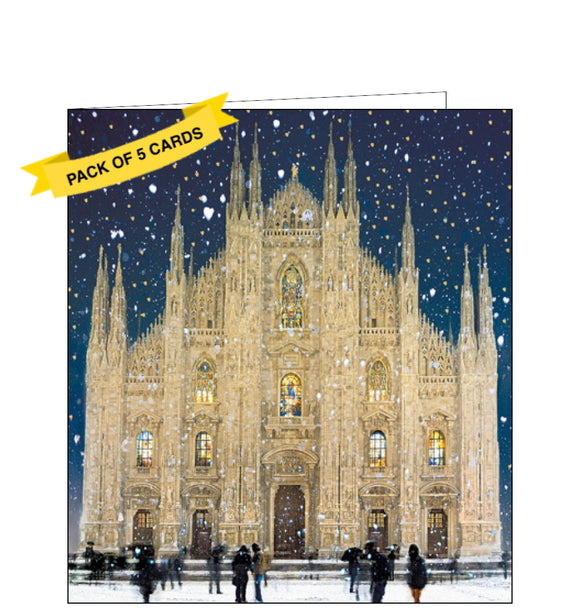 This pack of charity Christmas cards includes 5 cards of one design. The cards are decorated with detail from an artwork showing Milan Cathederal in the snow.