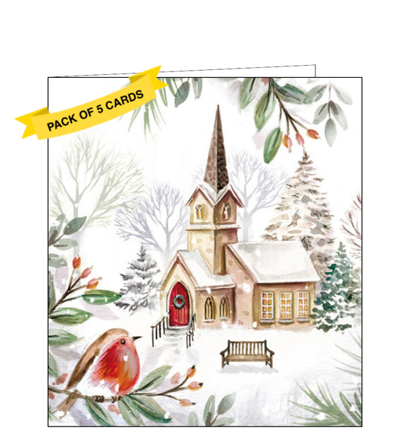 This pack of charity Christmas cards includes 5 cards of one design. The cards are decorated with detail from an artwork by Deva Evans showing a robin perched on a branch in the foreground framing a snowy-covered village church.