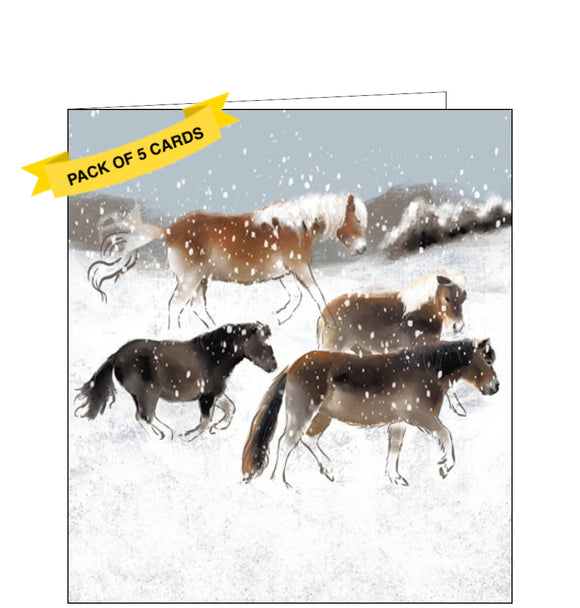 This pack of charity Christmas cards includes 5 cards of one design. The cards are decorated with detail from an artwork by Celine Dickson showing a flock of horses in a snowy field. The caption on the front of the cards reads 