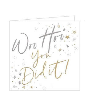 This small congratulations card is perfect for occasion that needs a pat on the back. The card is decorated with electric blue and silver text that reads "Woo Hoo...You Did It!" surrounded by a scattering of stars and streamers.