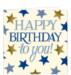This beautiful birthday card is decorated with Emma Bridgewater's iconic stamped stars in shades of blue and gold. Embossed blue text on the card reads "Happy Birthday to you!"