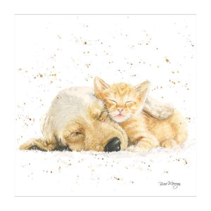 This blank card features Bree's gorgeous illustration of Fred and Ginger; a puppy and kitten asleep together.