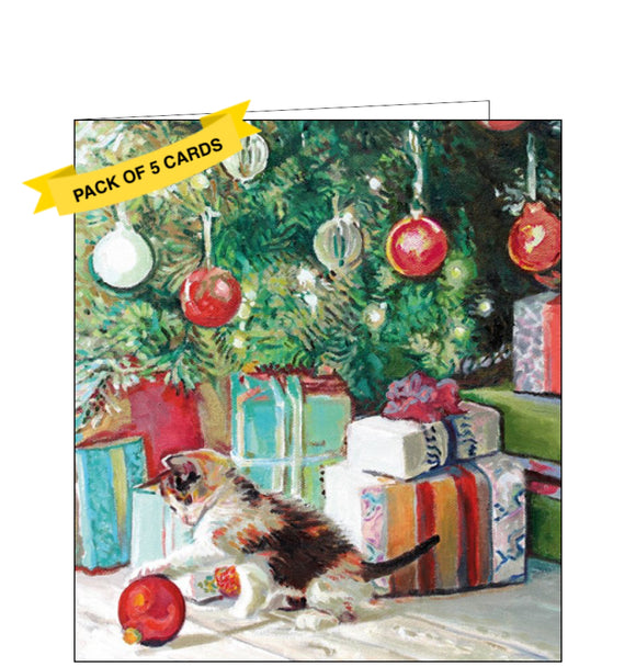 This pack of charity Christmas cards includes 5 cards of one design. The cards are decorated with an illustration by Timothy Matthews showing a cat playing with a bauble that has fallen off the Christmas tree.