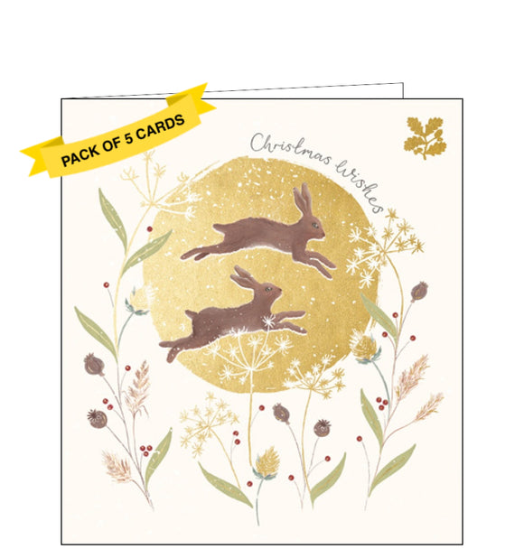 This pack of charity Christmas cards includes 5 cards of one design. The front of the cards features detail from an artwork by Rachel Hyde showing a pair of brown hares leaping in front of a huge golden moon. The caption on the front of the card reads 