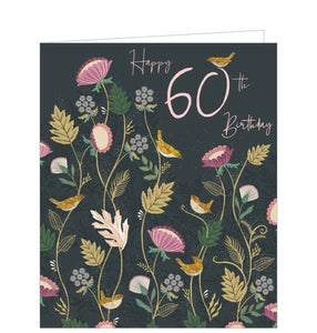 This absolutely gorgeous 60th birthday card is decorated with pink flowers and yellow foliage blooming on golden branches against a dark background. Pink text on the front of the card reads "Happy 60th Birthday". Adorable little white and yellow birds perch on the branches and text.