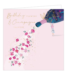This chic birthday card is decorated with an illustration by Ellise WIlkinson showing a young woman with pink hair, a polka dot dress and heart-shaped sunglasses, holding a GIANT champagne bottle as flowers and gold confetti pour out. Gold text on the front of the card reads "Birthday flowers & Champagne showers".