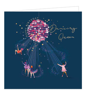 Send your best birthday wishes to a disco diva! This birthday card is decorated with several young women dancing under the light of a pink and purple disco ball. Gold text on the front of the card reads "Dancing Queen". 