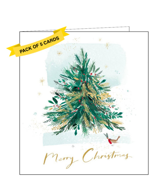 This pack of charity Christmas cards includes 5 cards of one design. The cards are decorated with an illustration by Paula Reece showing a beautiful Christmas tree with gold and green foliage and red berries. Gold script on the front of the card reads 