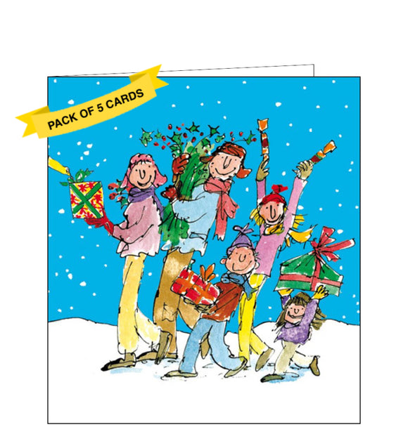 This pack of charity Christmas cards includes 5 cards of one design. The cards are decorated with a Quentin Blake illustration showing a family out walking in the snow, carrying everything you need for a perfect christmas; christmas gifts, crackers and foliage.