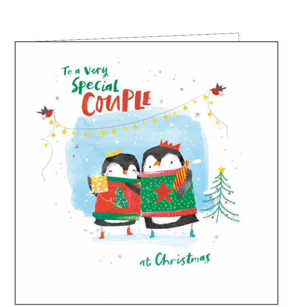 This cute christmas card for a special couple is decorated with a pair of penguins, dressed in matching jumpers, holding out christmas gifts. The caption on the front of the card reads 
