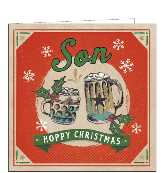 This retro-style Christmas card is decorated with a pair of beer tankards, garnished with sprigs of holly. The caption on the front of the card reads 