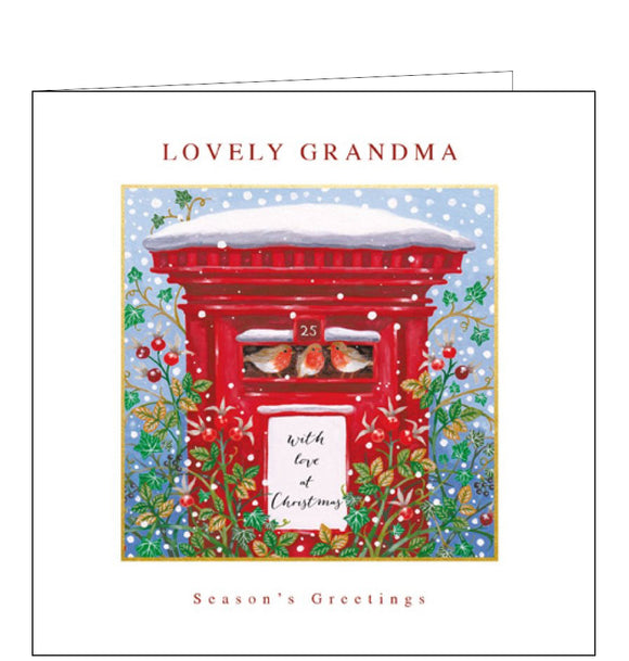 This lovely Christmas card for a special grandma is decorated with an illustration showing a trio of robins sheltering from the snow in the letter-slot of a pillarbox. The caption on the front of the card reads 
