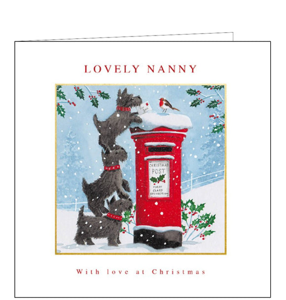 This cute Christmas card for a special nanny is decorated with an illustration showing three terries standing on each others backs so one can deliver a postcard to a robin perched on a snowy postbox. The caption on the front of the card reads 