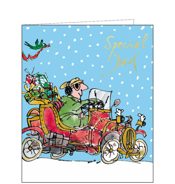 This Christmas card for a special dad is decorated with a Quentin Blake illustration showing a man, in driving goggles and gloves, driving a very vintage car through the snow. The caption on the front of the card reads 