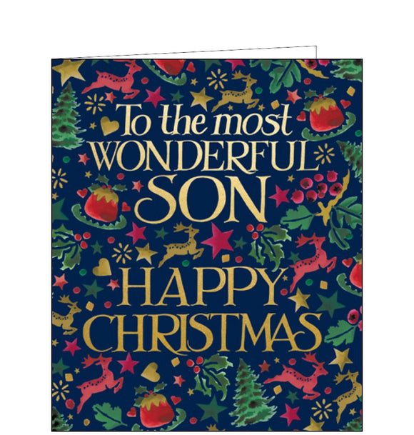 This elegant Christmas card is decorated in Emma Bridgewater's inimitable style, with gold text that reads 