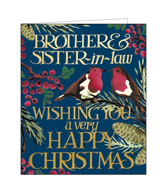 This elegant Christmas card is decorated in Emma Bridgewater's inimitable style, with a pair of robins perched on branches blooming with red berries. Gold text on the front of the card reads 