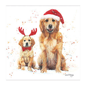 This beautiful Christmas card by Bree Merryn is a sketch of two yellow labrador dogs, mother and pup, sitting side and side, wearing festive headgear.