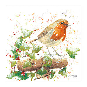 This stunningly festive Christmas card by Bree Merryn features a beautiful traditional red robin against a snow-covered backdrop and a splash of bright green holly for a delightful seasonal touch. The perfect way to share your holiday cheer!