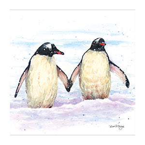 This beautiful Christmas card by artist Bree Merryn depicts Pippa and Percy two charming penguins walking flipper to flipper through a snowy landscape. A perfect way to make your family members and friends feel festive this holiday season.