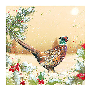 This beautiful christmas card features detail from artist Bree Merryn's illustration of a proud pheasant taking a sunset stroll through a snow-covered landscape.