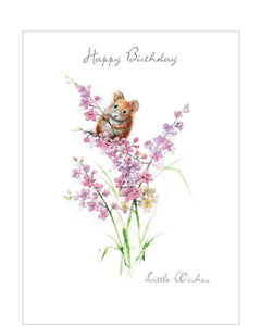 Little wishes for your birthday from a little mouse who has climbed up a plant of pink flowers. The caption on the front of this Birthday card reads "Happy Birthday....Little Wishes".