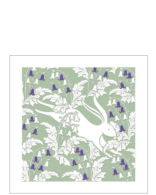 This small but stylish blank card is perfect for sending a thoughtful message, whatever the occasion. Framed by a clean white border, the design features a beautiful stylised, print-inspired illustration of a white hare dashing through a vibrant field of bluebells